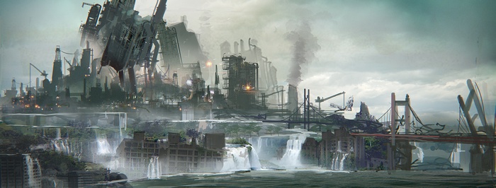 Ruined cityscape with industrial structures and waterfalls