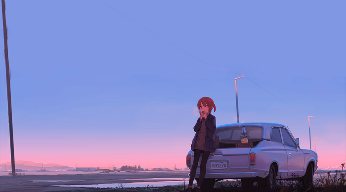Anime girl with cup leaning on car at sunset