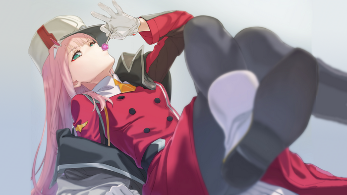 Zero Two from Darling in the FranXX eating a lollipop
