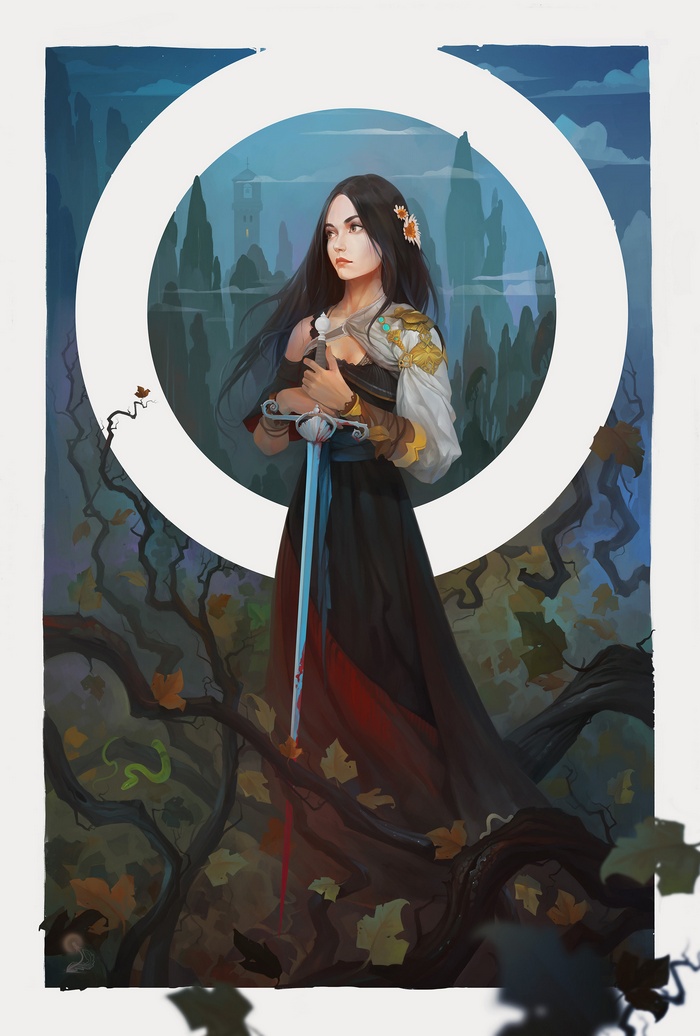 Woman with sword in a forest