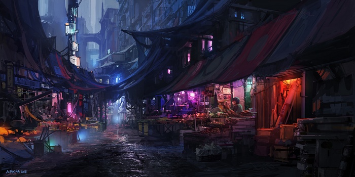 Cyberpunk market with neon lights and stalls
