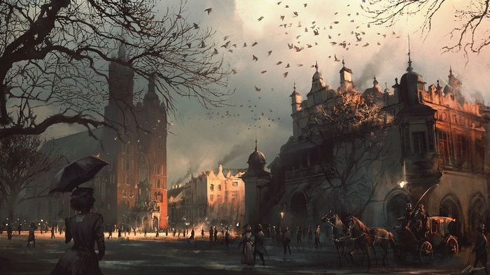 Fantasy town square with a carriage and a woman with an umbrella