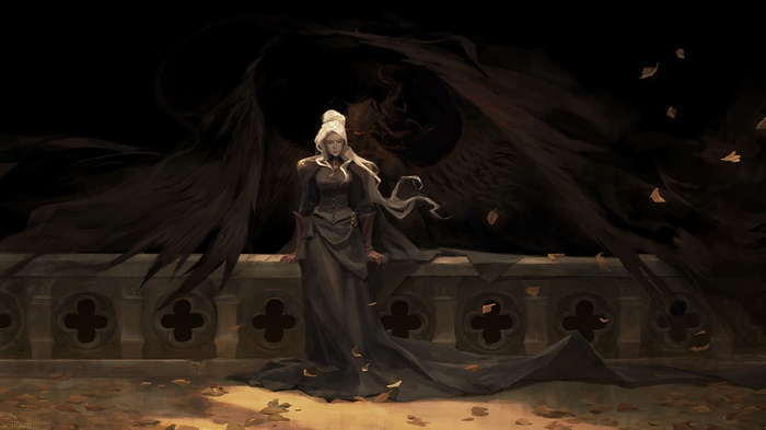 Fantasy art of a woman with a shadowy winged figure