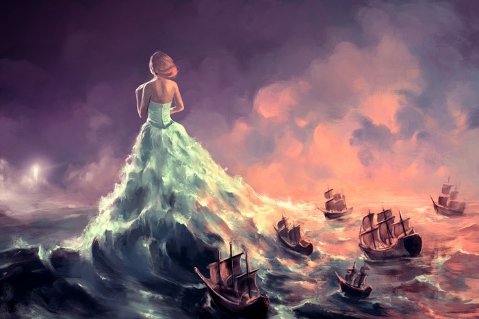 Woman in a dress made of waves with ships