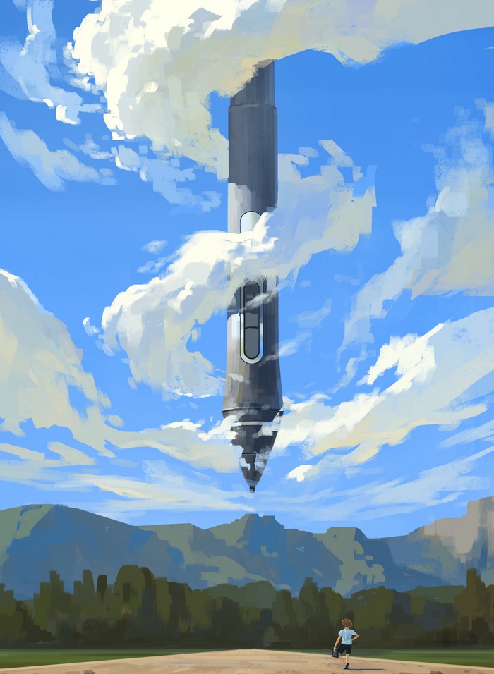 A digital pen floats in the sky above mountains and a child