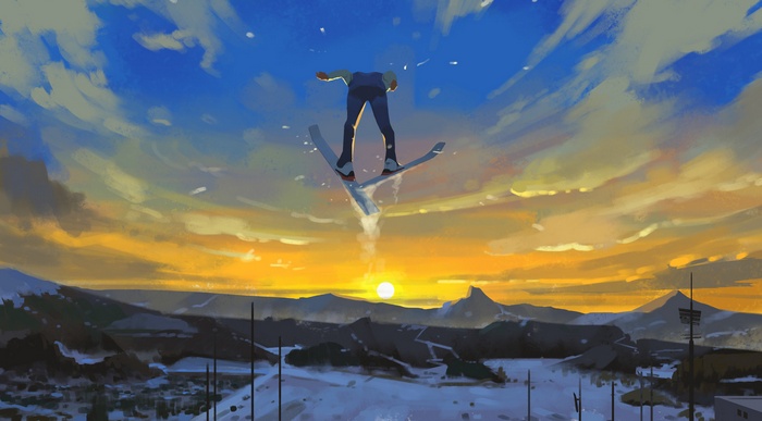 Man ski jumping at sunset