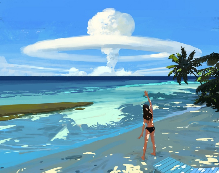 Woman on beach watches mushroom cloud explosion