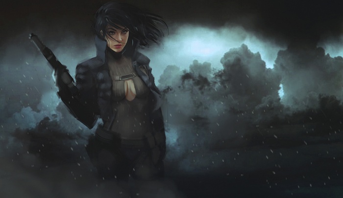 Woman holding a gun in a stormy environment