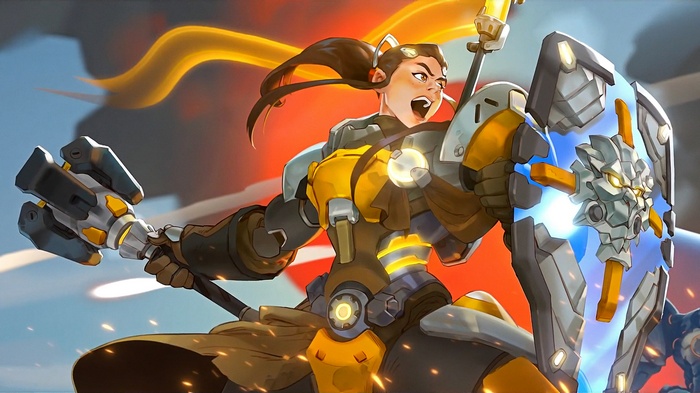 Brigitte from Overwatch holding a shield and mace