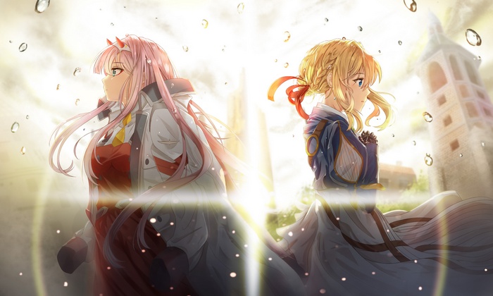 Zero Two (Darling in the FranXX), Darling in the FranXX, crossover, anime girls, Violet Evergarden, pink hair