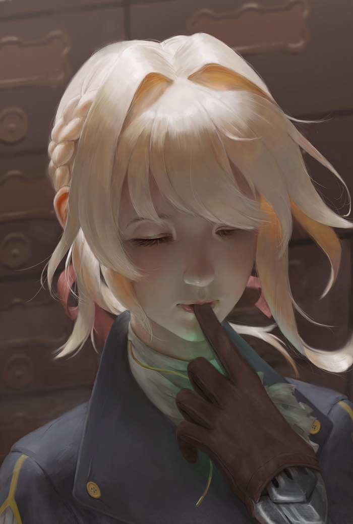 Violet Evergarden with finger in mouth