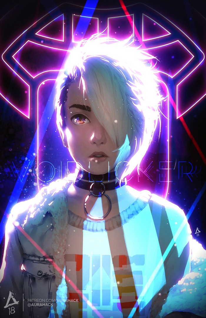 Portrait of a person with white hair and neon lights