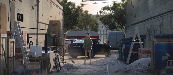 Anime girl in a green hoodie standing by a car