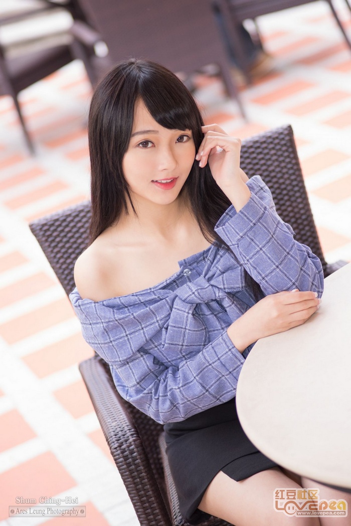brunette, portrait display, bangs, women, smiling, miniskirt, long hair, Asian, bare shoulders, chair, sitting, table, model
