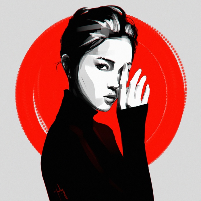 Digital art portrait of a woman with red circle background