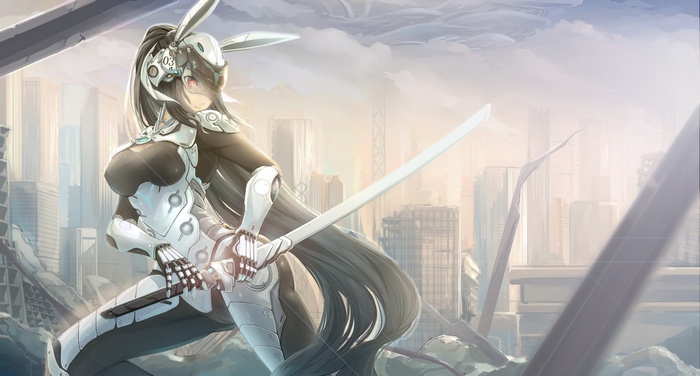 Anime girl with bunny ears and sword in ruined city
