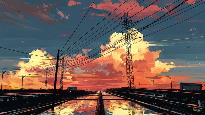 Digital art of a sunset over a highway with power lines