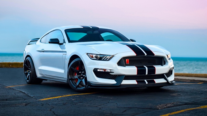White Ford Mustang GT with Black Stripes by the Sea