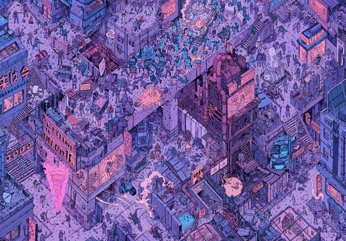 Isometric Cyberpunk City with Robots and People