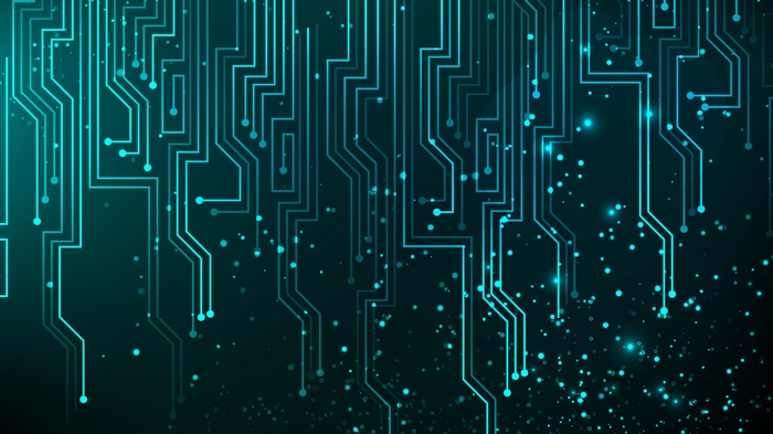 Abstract digital circuitry with glowing blue lines and particles
