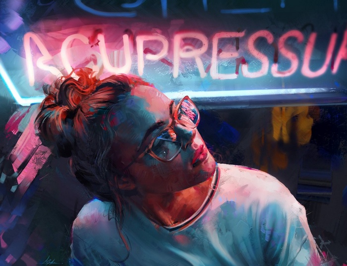 Woman with glasses under neon sign