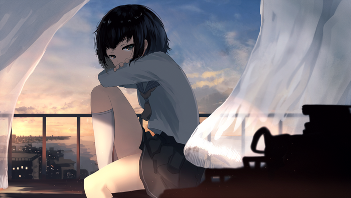 Anime girl on a balcony at sunset