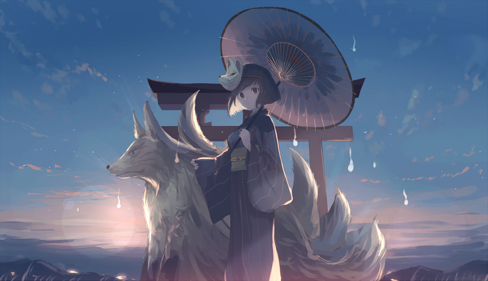 Anime girl with fox spirit and torii gate