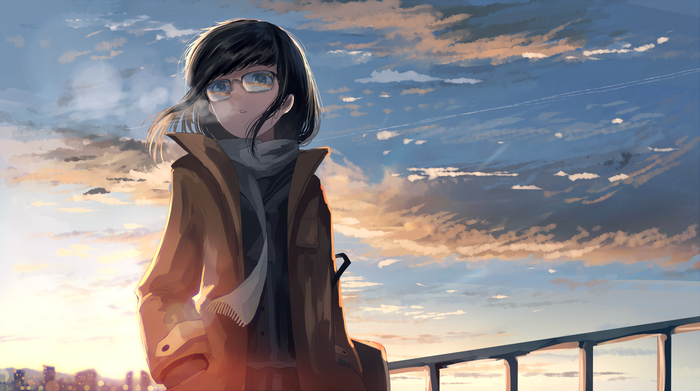 Anime girl with glasses and scarf against sunset sky