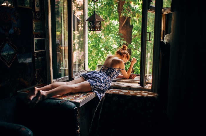 window, legs, no bra, Flower Dress, barefoot, women, women indoors, lying on front, dark, bare shoulders