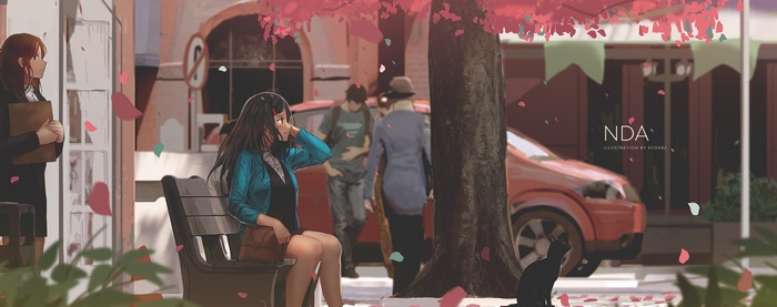 Anime illustration of people and a cat on a street