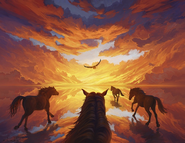 Horses and eagle at sunset over water, painting by Artem RHADS