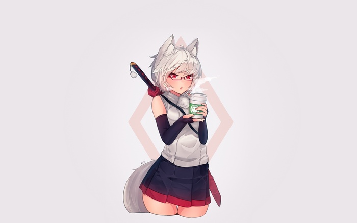 Wolf girl with glasses holding a coffee cup