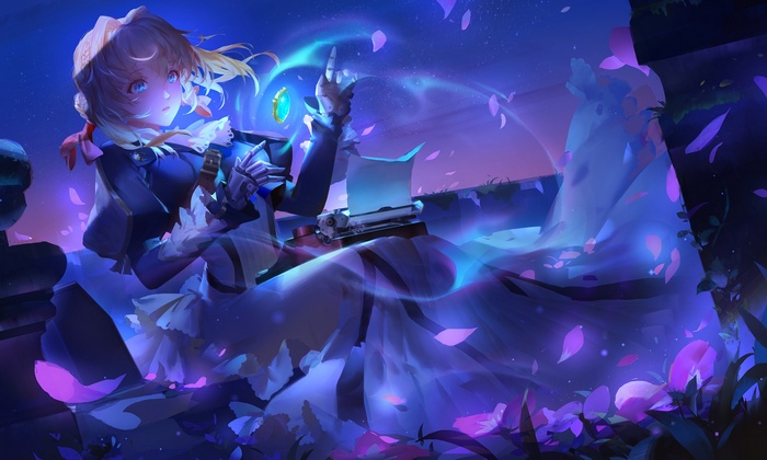 Violet Evergarden with a typewriter and magical effects