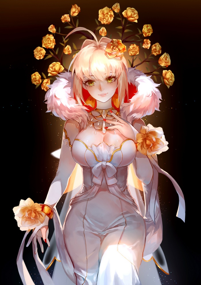 Saber Extra from Fate/Extra in a white dress with flowers