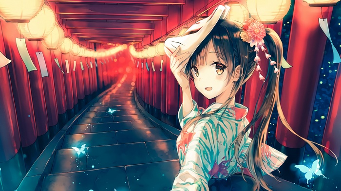 Anime girl in yukata holding a mask