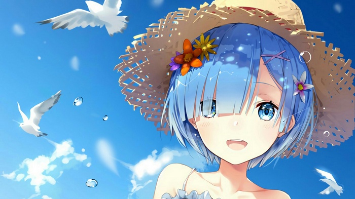 Rem from Re:Zero wearing a straw hat