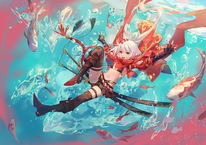 Anime girl with swords and koi fish underwater