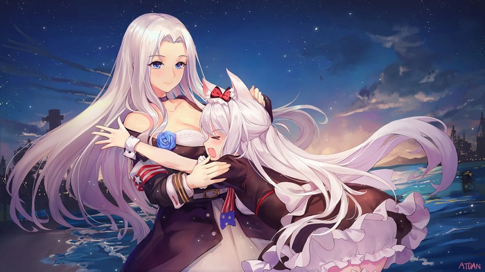 Azur Lane: Enterprise and Belfast embrace on a beach at night