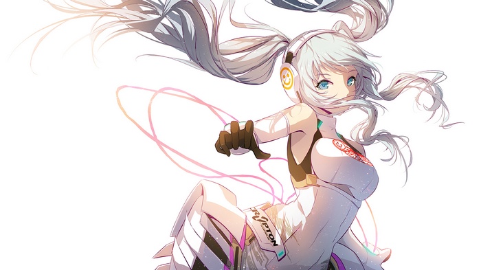 Anime girl with headphones and white outfit