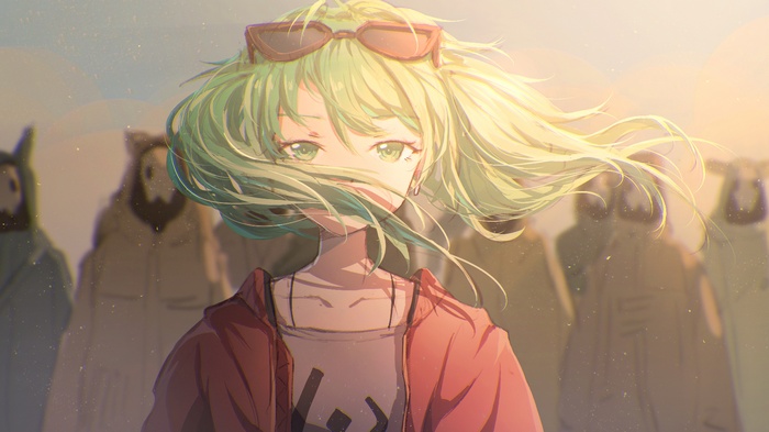 Anime girl with green hair and sunglasses in a crowd