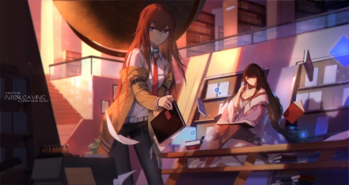 Makise Kurisu and another girl in a library