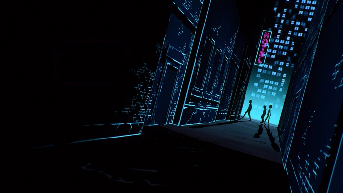 Characters walking down a dark alley with a hotel sign
