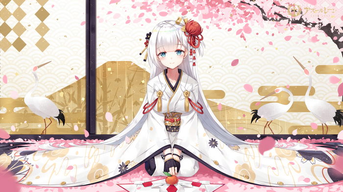 Azur Lane: Japanese Woman in Kimono with Cranes and Cherry Blossoms