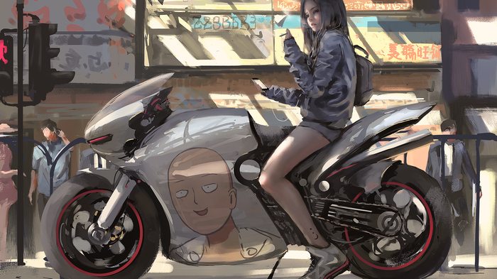 Girl on motorcycle with Saitama art