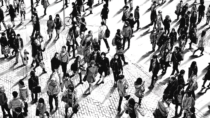 Group of people walking in a monochrome manga scene