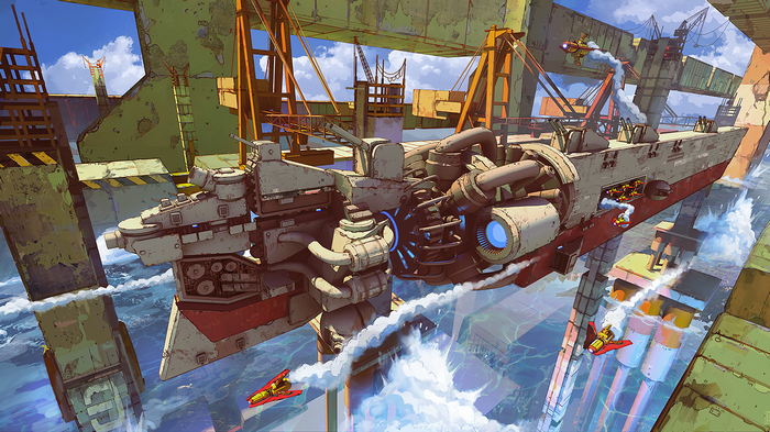Futuristic ship in a dry dock with small aircraft