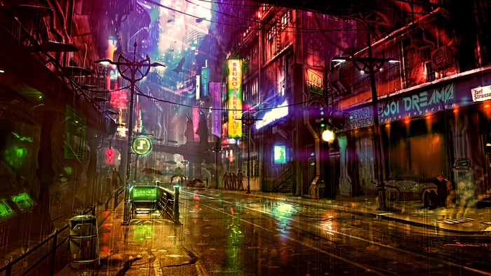 cyber, Dreamfall Chapters, neon, street, artwork, futuristic, digital art, science fiction, cityscape, concept art, futuristic city, cyberpunk, night, ship, rain