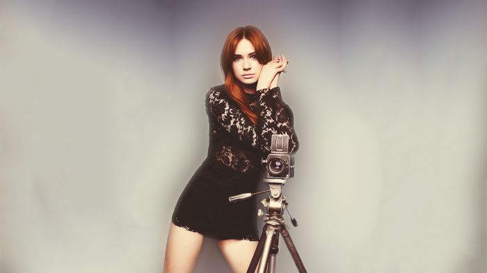 Karen Gillan with a vintage camera