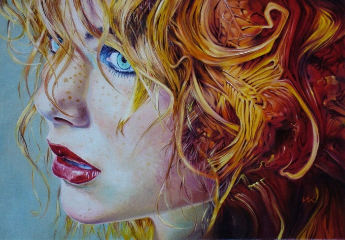 Artwork of a redhead woman with blue eyes