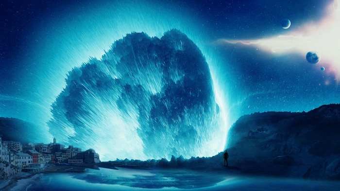 Digital art of a surreal cosmic wave crashing on a town